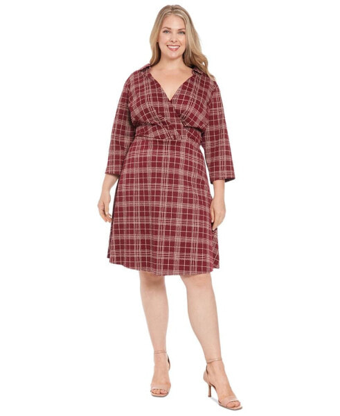 Plus Size Plaid Collared V-Neck 3/4-Sleeve Dress