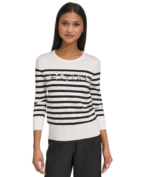 Women's Embellished Striped 3/4-Sleeve Sweater