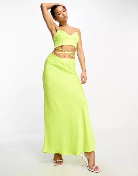 Something New satin tie detail maxi skirt co-ord in neon yellow