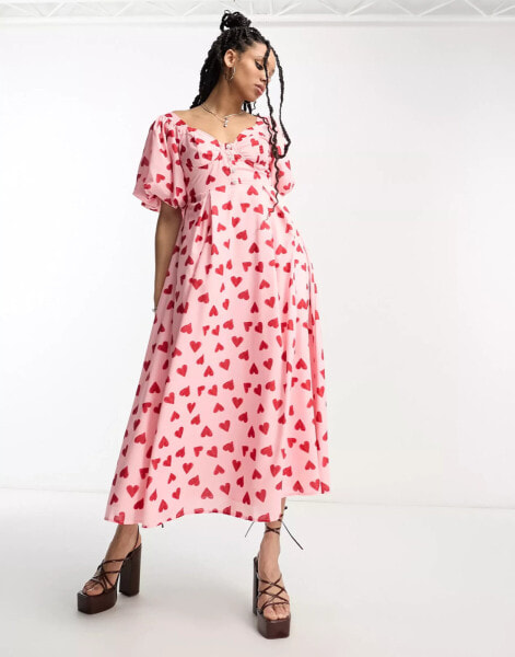 Sister Jane puff sleeve midaxi dress in pink and red heart