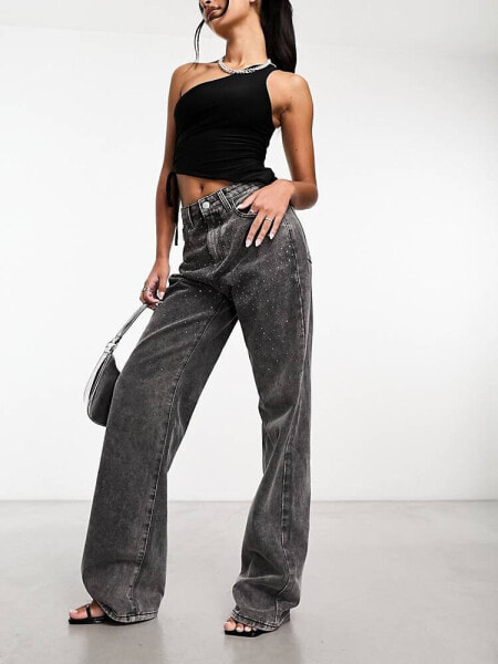 Kyo The Brand diamante detail wide leg jeans in black wash