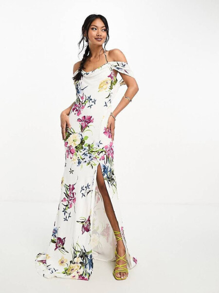 ASOS DESIGN cap sleeve strappy open back bias maxi dress in white based floral print