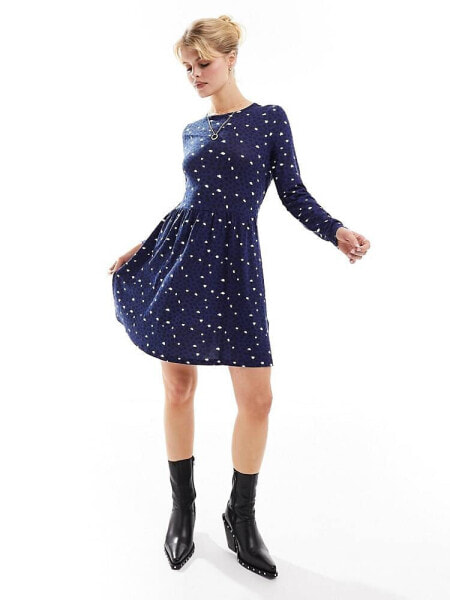 Wednesday's Girl smudge spot smock mini dress in deep blue