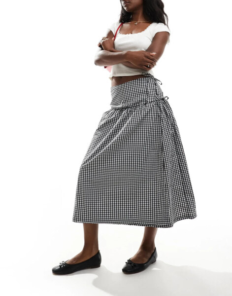 ASOS DESIGN drop waist tie side maxi skirt in black gingham