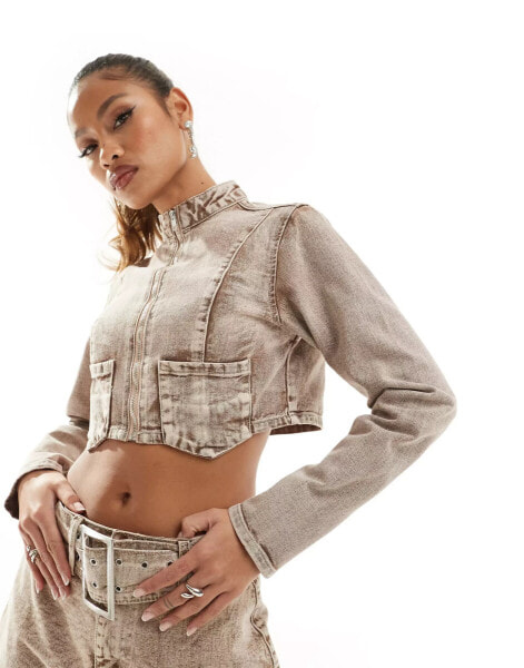 Simmi denim cropped jacket co-ord with pocket detail in light wash sand