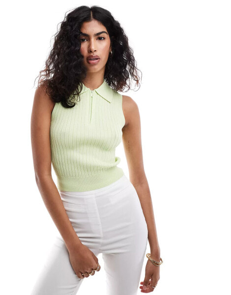 Mango sleeveless ribbed knitted polo top in lime green