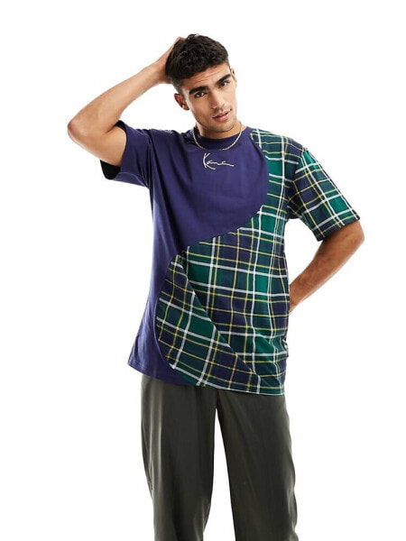 Karl Kani oversized t-shirt in blue with tartan check wavy blocking