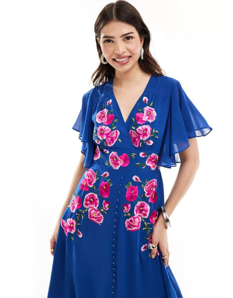 Hope & Ivy embriodered midi dress with floaty sleeve in blue