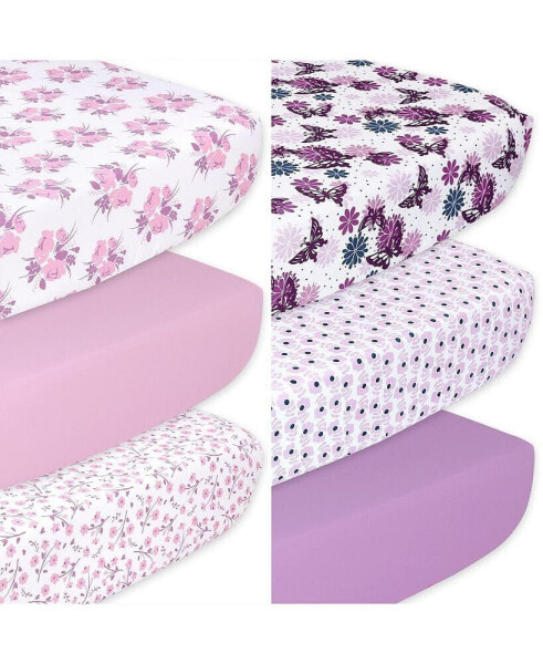 Pink Floral and Purple Butterfly Fitted Crib Sheets for Girls, 6-Pack Set, Pink, Purple