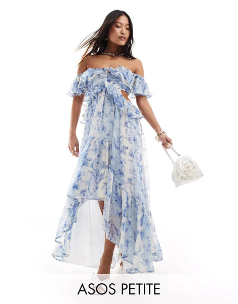 ASOS DESIGN Petite ruffle cut out off the shoulder maxi dress with hi low hem in vintage mixed floral