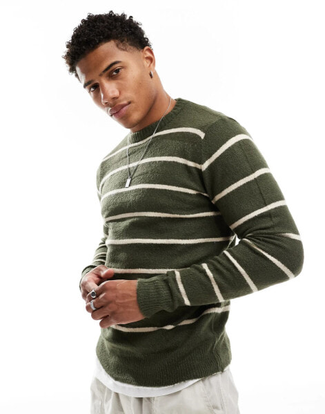 Brave Soul soft touch relaxed fit jumper in dark green stripe