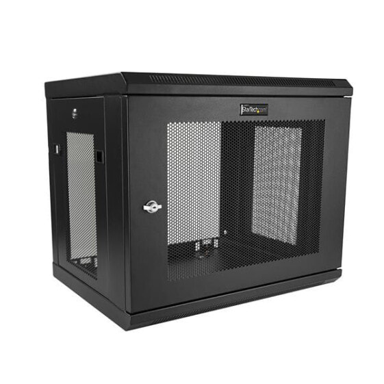 StarTech.com 2 Post 9U 19" Wall Mount Network Cabinet - Adjustable Depth 6-15"- Locking IT Switch Depth Enclosure - Vented Computer/Electronics Equipment Data Rack w/Shelf & Hook & Loop Tape - Wall mounted rack - 9U - 90 kg - Key lock - Cable management - 17.7 kg