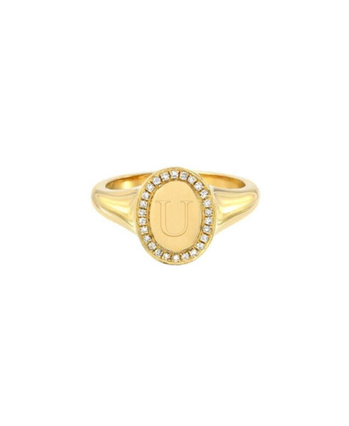 14K Gold Diamond Signet Initial Ring