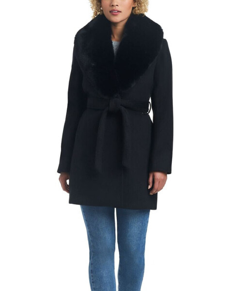 Women's Double Breasted Drap Wool Blend Fitted Wrap Coat