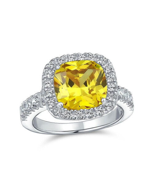 Classic Timeless 6CT CZ Yellow Halo Square Cushion Cut Statement Engagement Ring For Women Cubic Zirconia Pave Band Sterling Silver