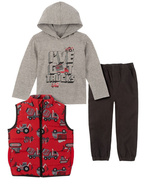 Little Boys Hooded Truck T-shirt, Printed Puffer Vest and Twill Joggers, 3 Piece Set