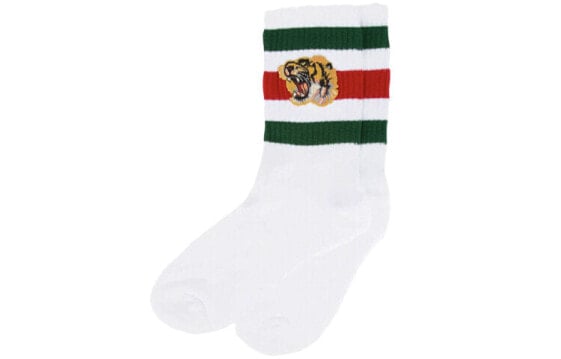 Носки эластичные GUCCI с полосками и тигром, 1 пара, белые 450039-4G482-9066