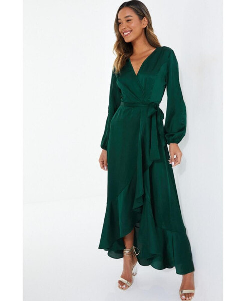 Women's Satin Wrap Long Sleeve Frill Maxi Dress