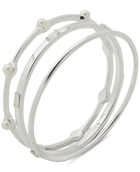 Silver-Tone 3-Pc. Set Crystal & Imitation Pearl Bangle Bracelets