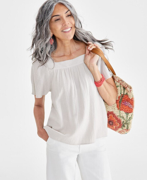 Petite Cotton Square-Neck Raglan-Sleeve Top, Created for Macy's