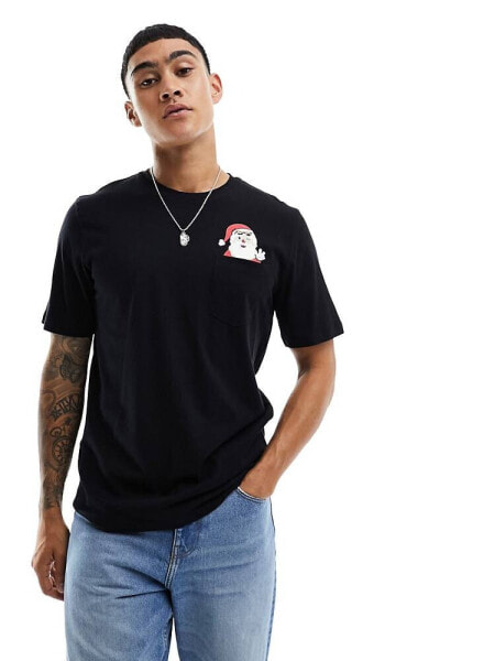 Jack & Jones Christmas t-shirt with pocket in black