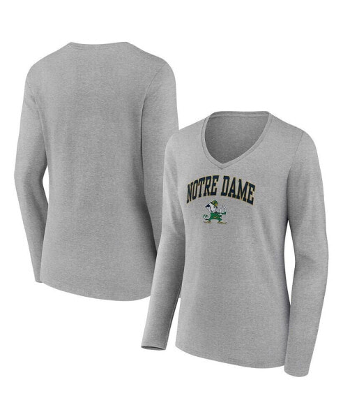Women's Heather Gray Notre Dame Fighting Irish Evergreen Campus Long Sleeve V-Neck T-shirt