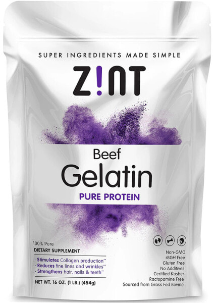 Zint Grass Fed Beef Gelatin Protein Powder Протеиновый порошок из говяжьего желатина для суставов, волос и ногтей  454 г
