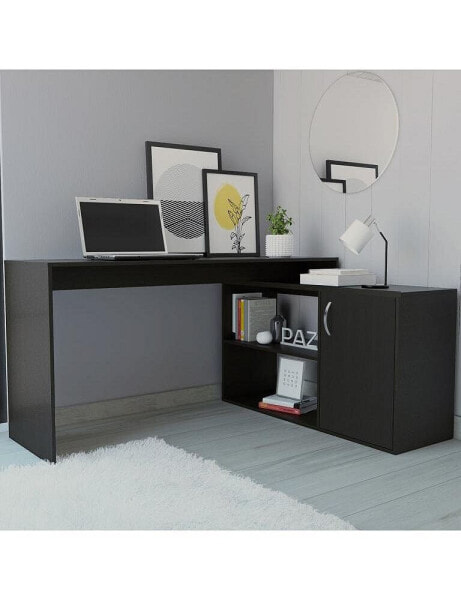 Dallas L-Shaped Home Office Desk, Two Shelves, Single Door Cabinet