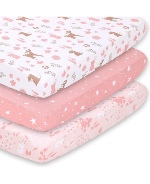Woodland Floral 3-Pack Fitted Playard Sheets in Pink, Tan and White