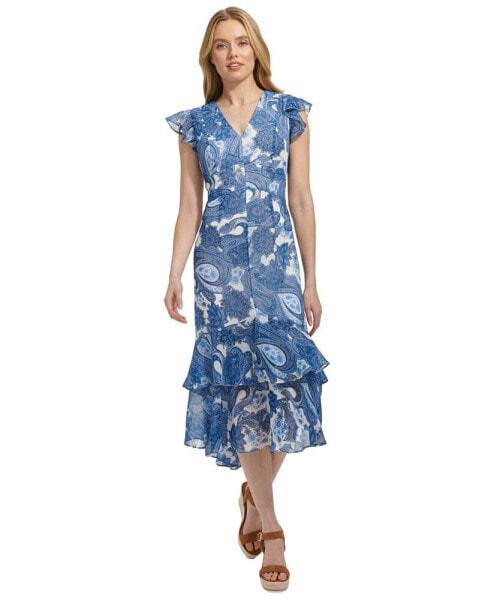 Women's Paisley-Print Ruffled Midi Dress