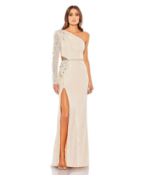 Women's Embellished One Sleeve Cut Out Gown