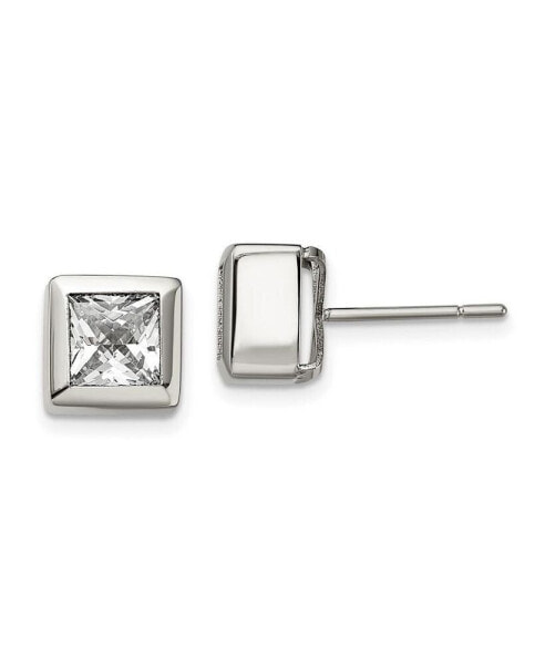 Stainless Steel Polished Square CZ Earrings