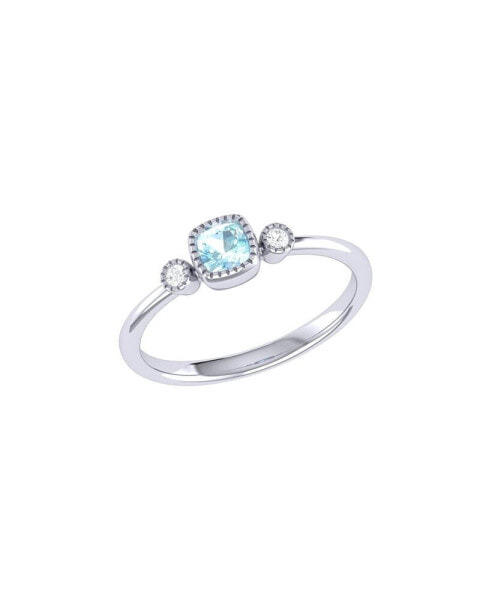 Cushion Aquamarine Gemstone Round Natural Diamond 14K White Gold Birthstone Ring
