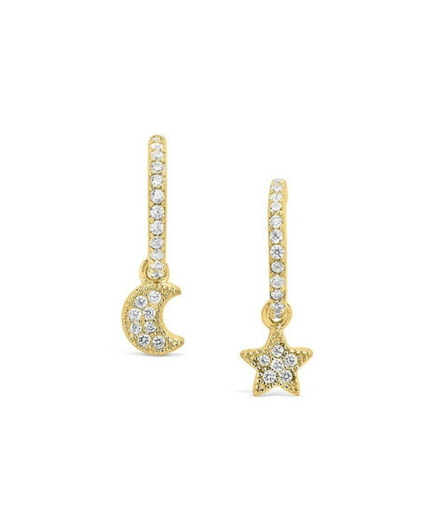 Women's Sterling Silver Moon Star Cubic Zirconia Gold Plated Micro Hoop Earrings