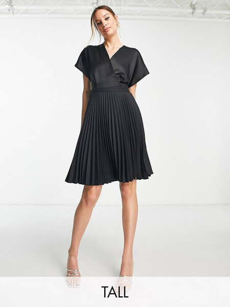 Closet London Tall wrap front pleated midi skater dress in black