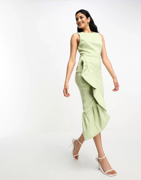 True Violet statement structured frill maxi dress in sage