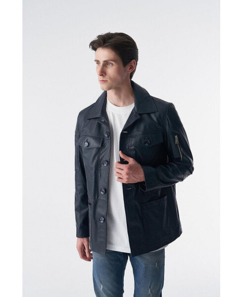 Men's Genuine Leather Safari Coat, Navy