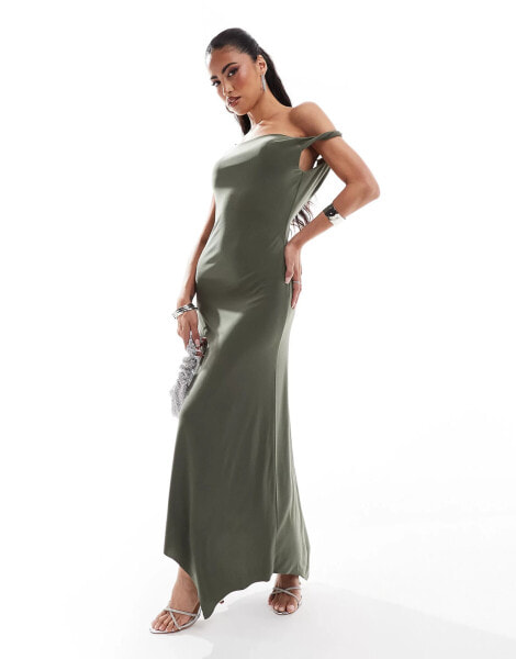 ASOS DESIGN asymmetric neckline midi dress with hanky hem in khaki