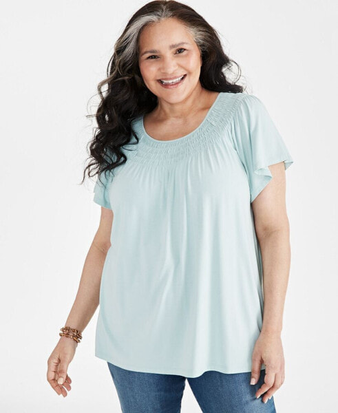 Plus Size Gathered Scoop-Neck Flutter-Sleeve Top, Created for Macy's