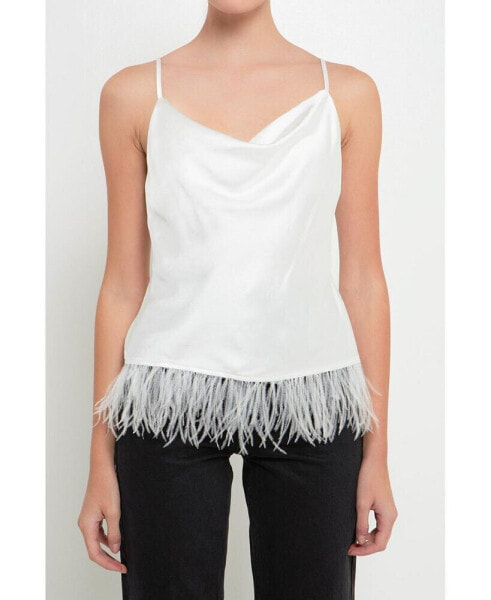 Women's Satin Cowl Neck Top with Feather