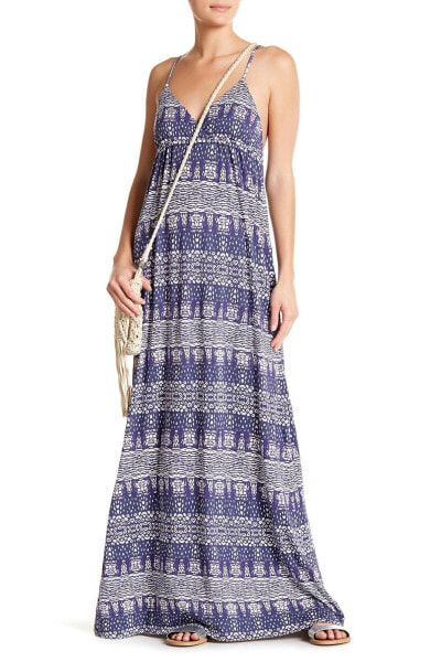 Lamade 154297 Women's V-neck Patterned Maxi Dress Sleeveless Blue Sz. XS