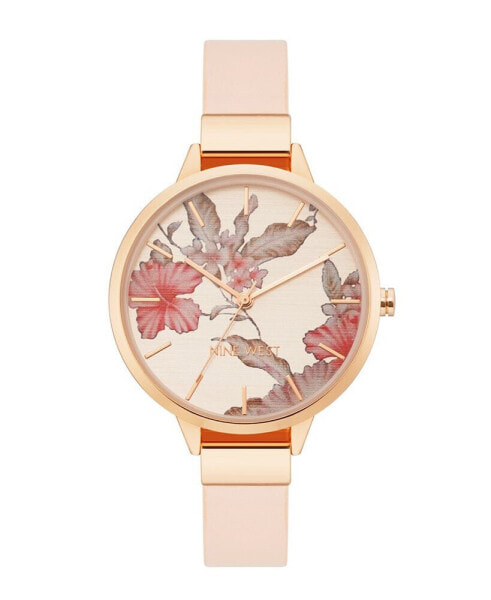 Women's Quartz Blush Pink Faux Leather Band and Floral Pattern Watch, 38mm