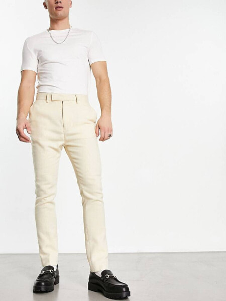 ASOS DESIGN smart tapered wool mix trousers in stone puppytooth