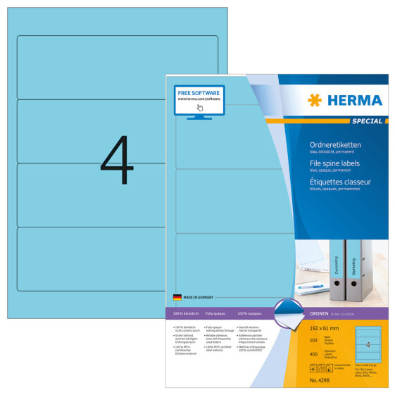 HERMA File labels A4 192x61 mm blue paper matt opaque 400 pcs. - Blue - Self-adhesive printer label - A4 - Paper - Laser/Inkjet - Permanent