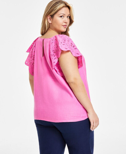 Plus Size 100% Linen Embroidered Flutter-Sleeve Top, Created for Macy's