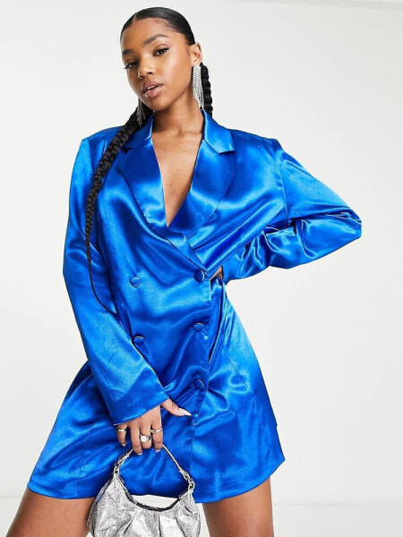 Urban Revivo long sleeve satin blazer mini dress in blue