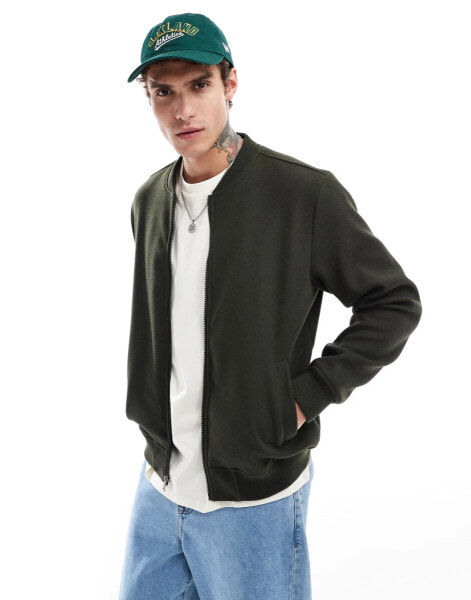 Brave Soul faux wool bomber jacket in forest green