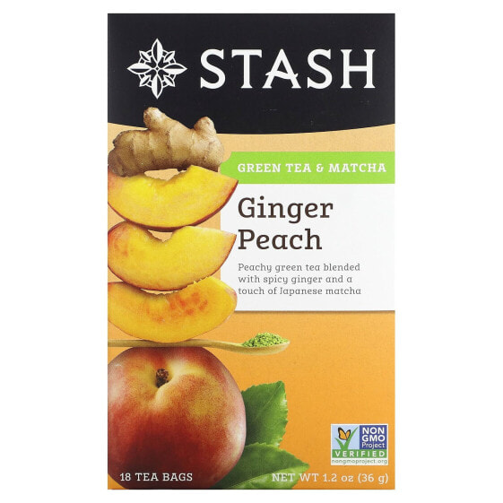 Stash Tea, Зеленый чай и матча, имбирь и персик, 18 чайных пакетиков, 36 г (1,2 унции)