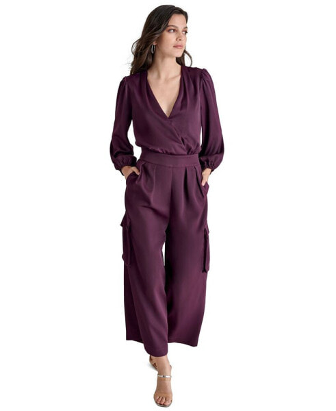 Women's Surplice-Neck Long-Sleeve Utility Jumpsuit