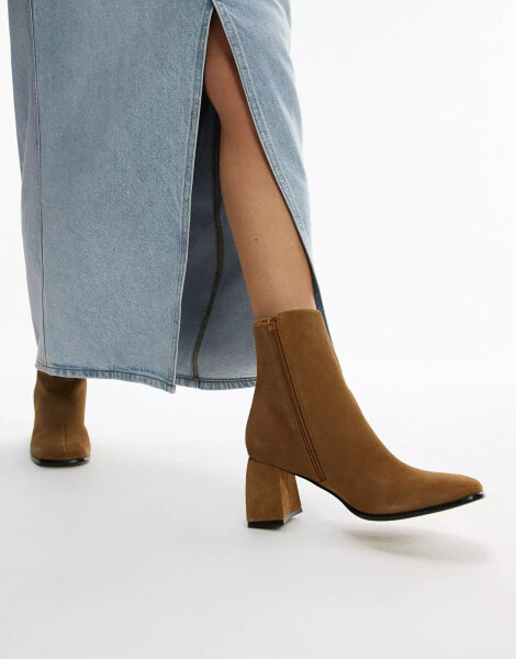 Topshop Nina flared heel sock boot in camel suede